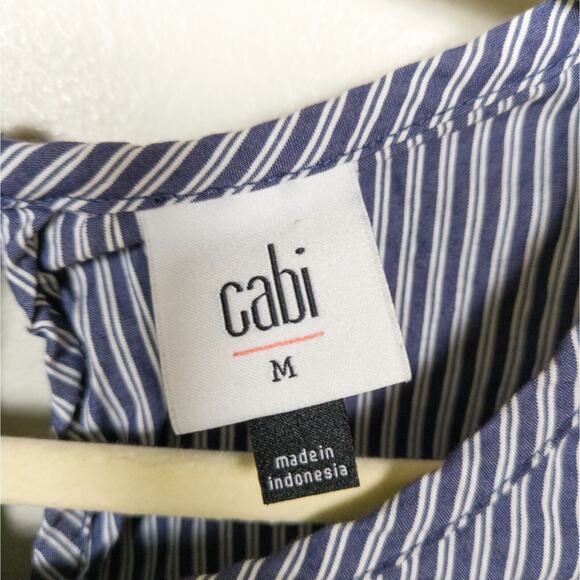 CAbi Blue and White Striped Blouse with Navy Lace Sleeves - Picture 3 of 4